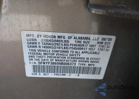 2009 Honda Pilot Ex-L из США, поврежденный, VIN 5FNYF38699B006373